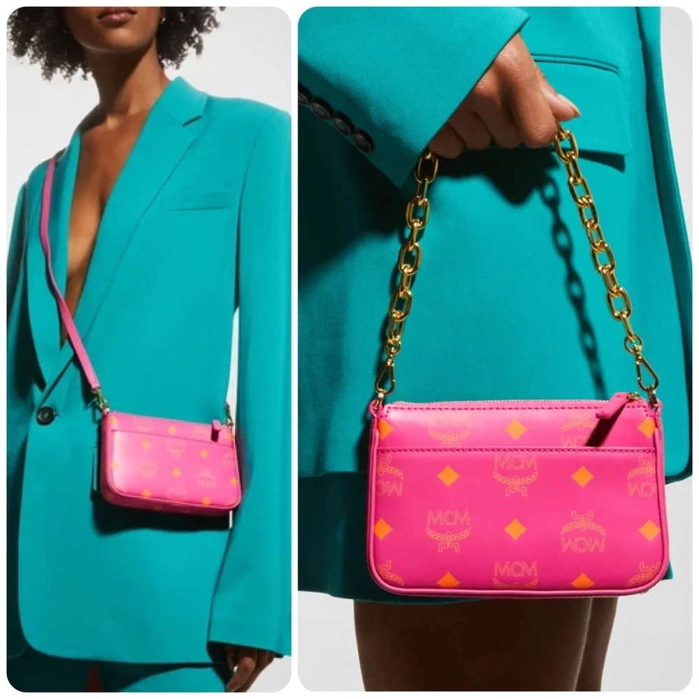 NWT MCM Fuchsia Pink Mini Color Splash Logo Leather Shoulder Bag - Picture 1 of 13